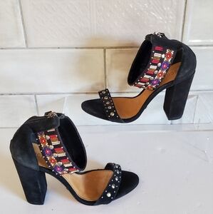 NWOT Schutz 7.5 Bohemian Hippie Resortwear Suede Beaded Studded Open Toe Heels